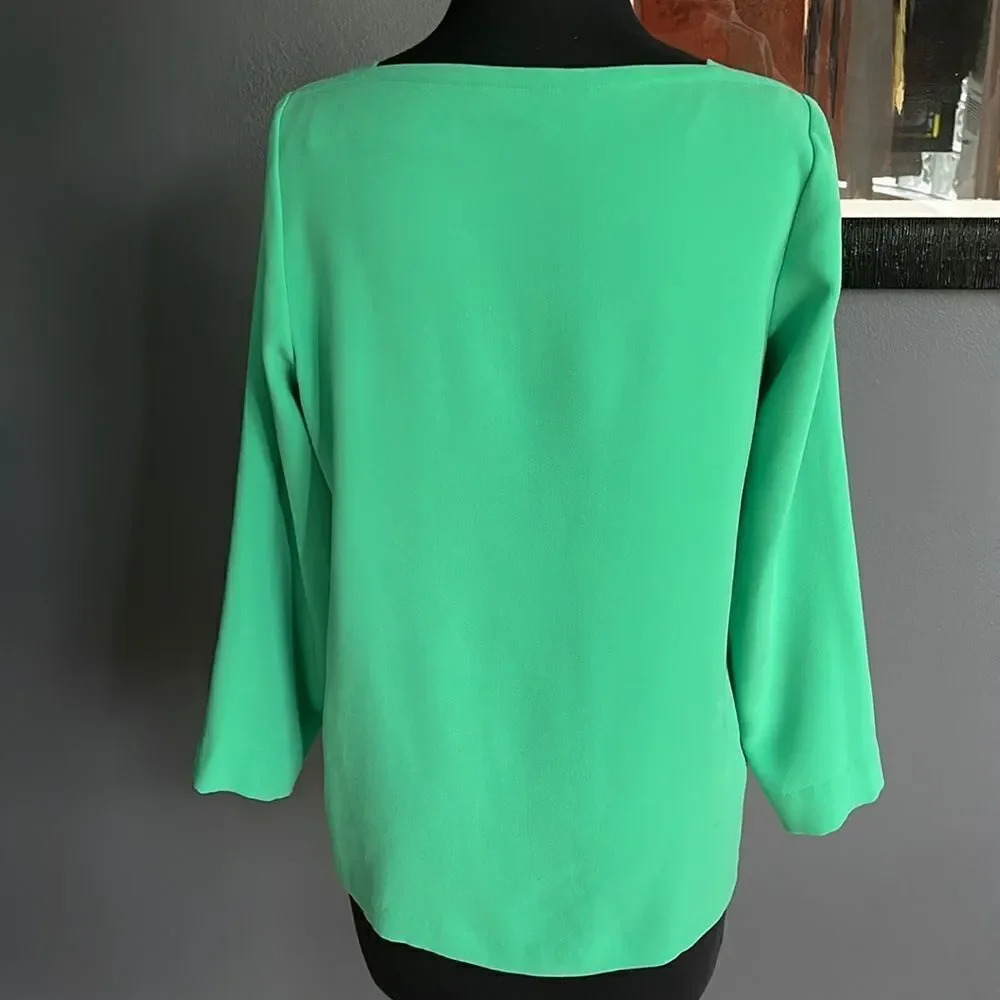 Ann Taylor LOFT bright mint boatneck 3/4 sleeve crepe dropped welted pockets top - Picture 5 of 6